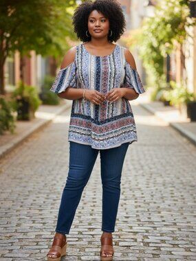 BCX Women Blue Boho Floral Stripe Cold Shoulder Ruffle‎ Sleeve Top Size L